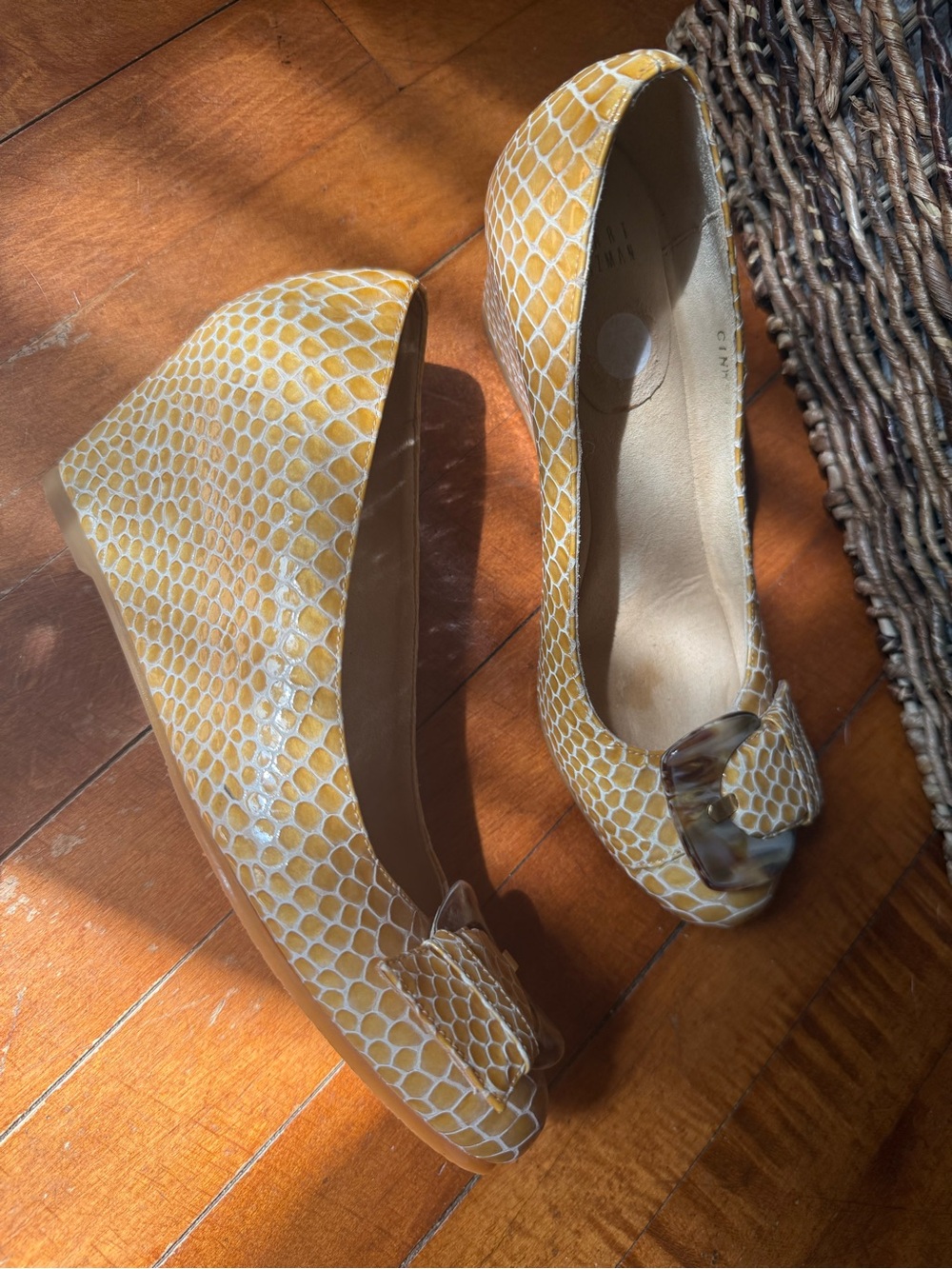 Stuart Weitzman Yellow Snake-Print Wedge Pumps with Tortoiseshell Accent